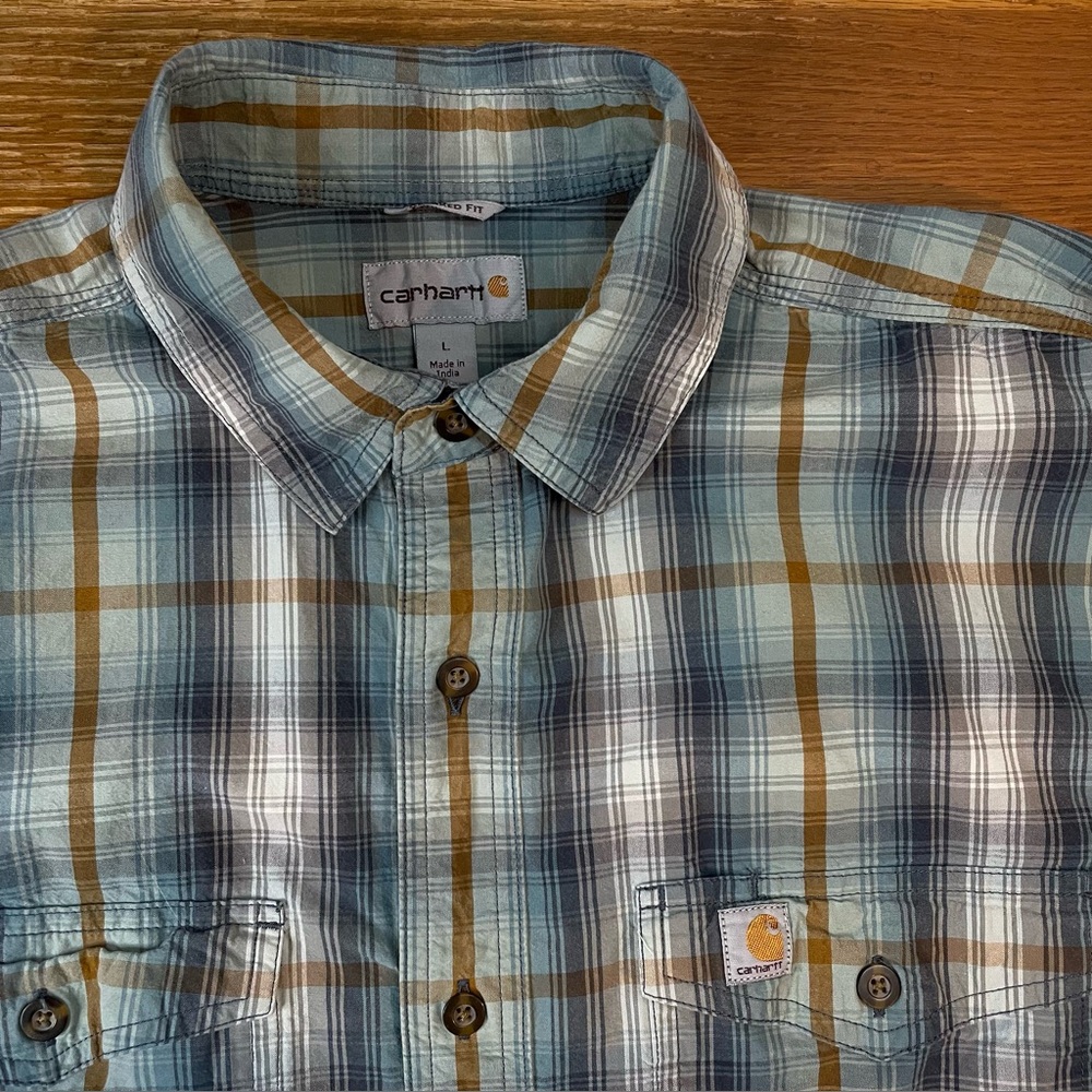 Carhartt Large Plaid Wax Shirt Relaxed Green Brown Striped Western Workwear